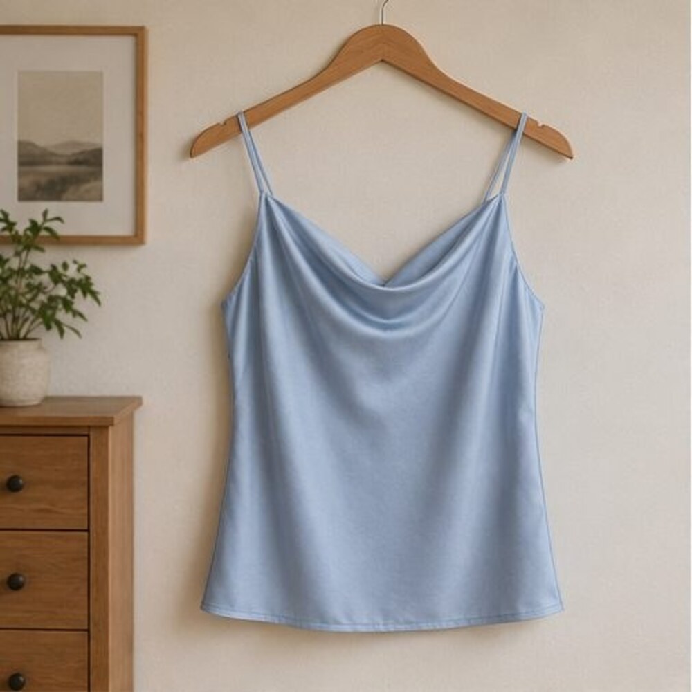 Powder Blue Satin Cowl Neck Top